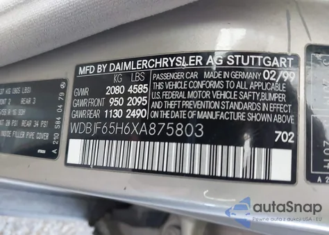 1999 Mercedes-Benz E 320 z USA, uszkodzony, nr VIN WDBJF65H6XA875803